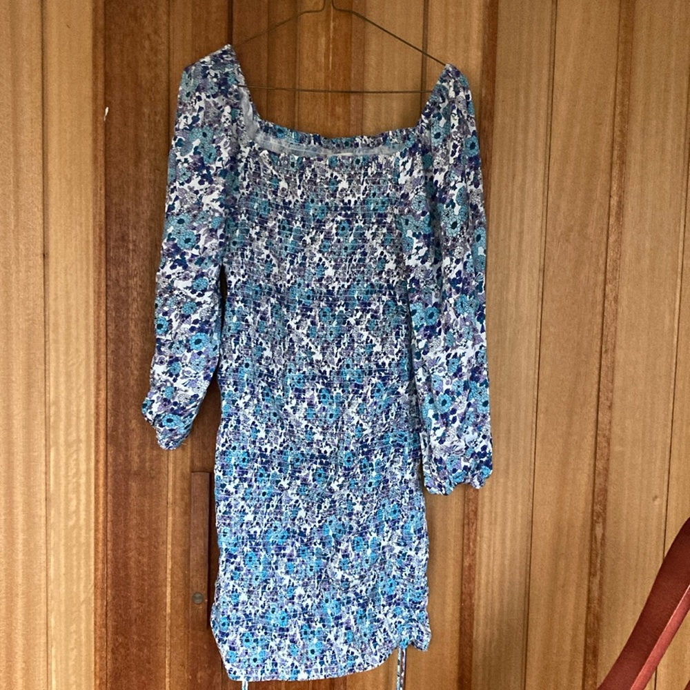 Jessica Simpson blue and purple ditsy print ruched minidress